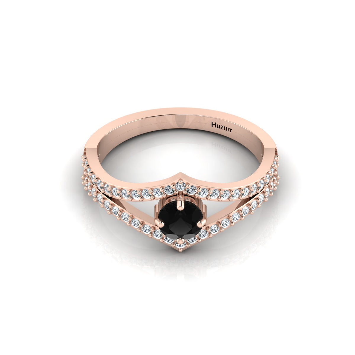 Wishbone Round Black & White Diamond Rose Gold Plated Solitaire Ring