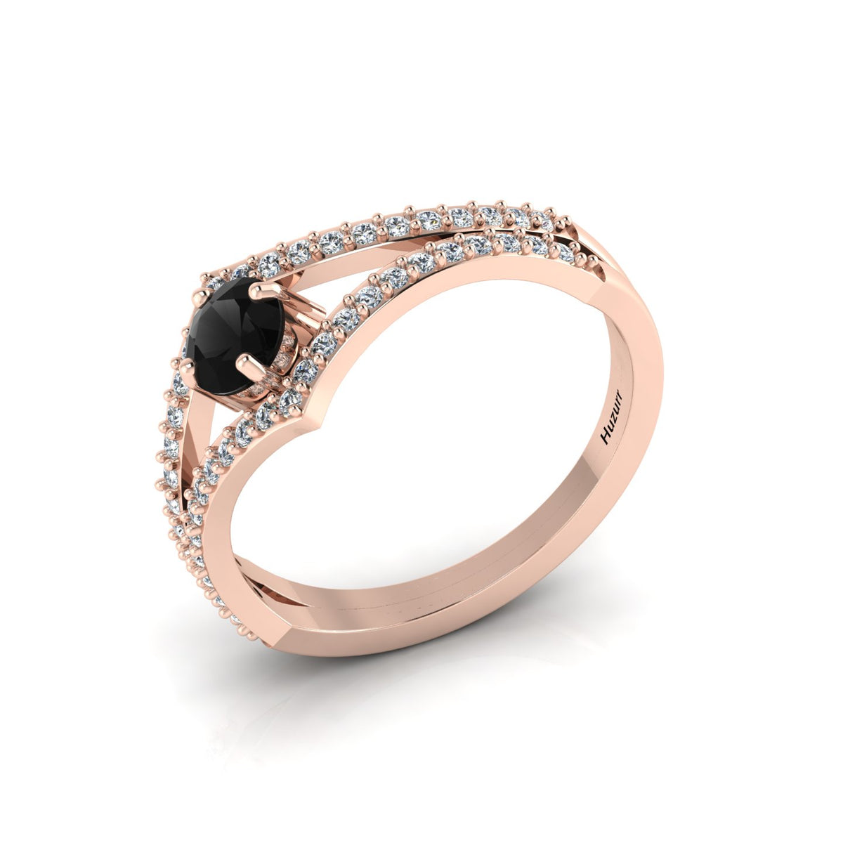 Wishbone Round Black & White Diamond Rose Gold Plated Solitaire Ring