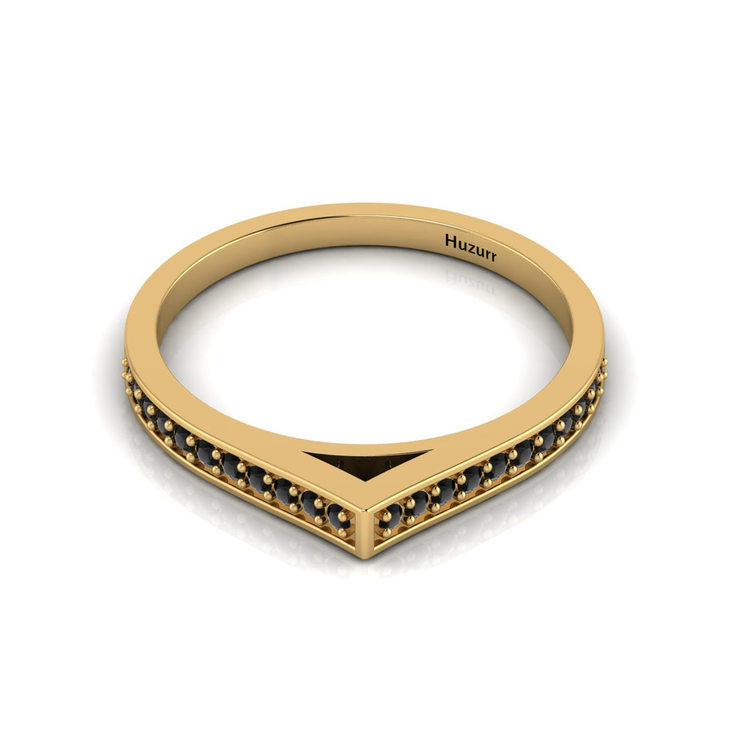 Round Black Diamond Stackable Solitaire Gold Plated V-Shaped Ring