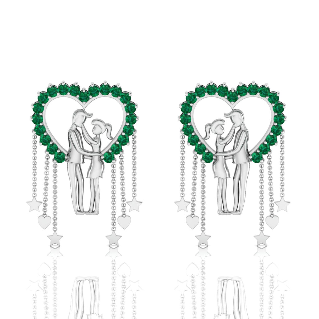 Sterling Silver Couple Heart Emerald Hanging Earrings