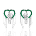 Sterling Silver Couple Heart Emerald Hanging Earrings