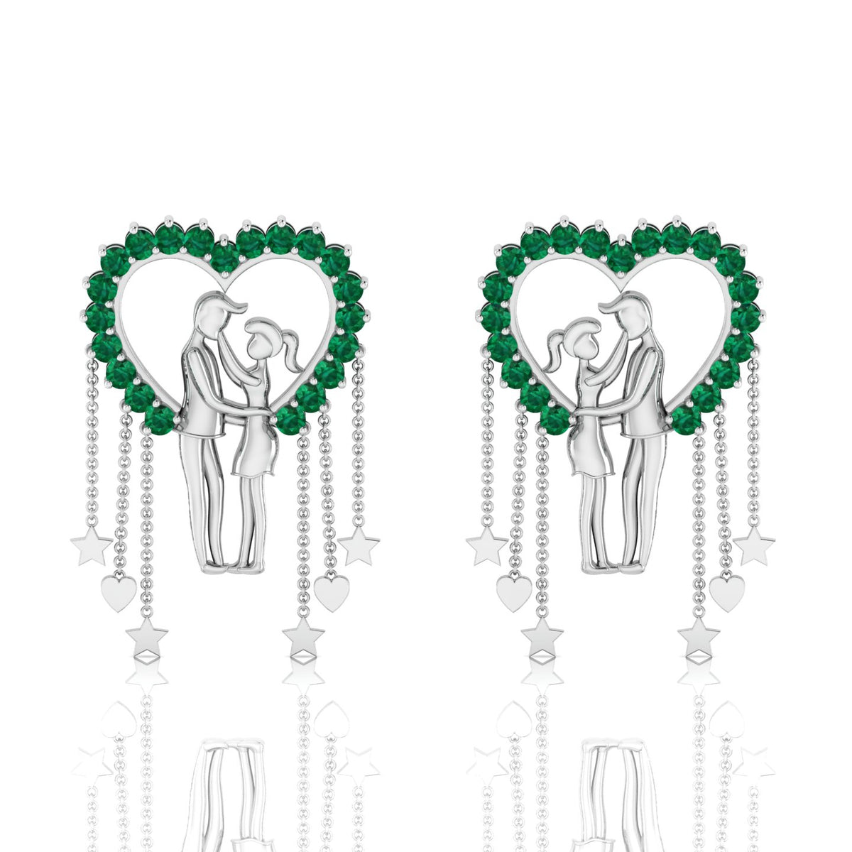 Sterling Silver Couple Heart Emerald Hanging Earrings