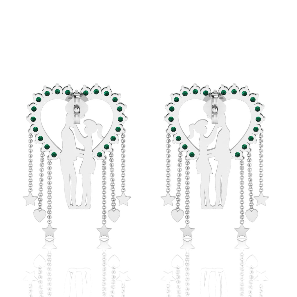 Sterling Silver Couple Heart Emerald Hanging Earrings