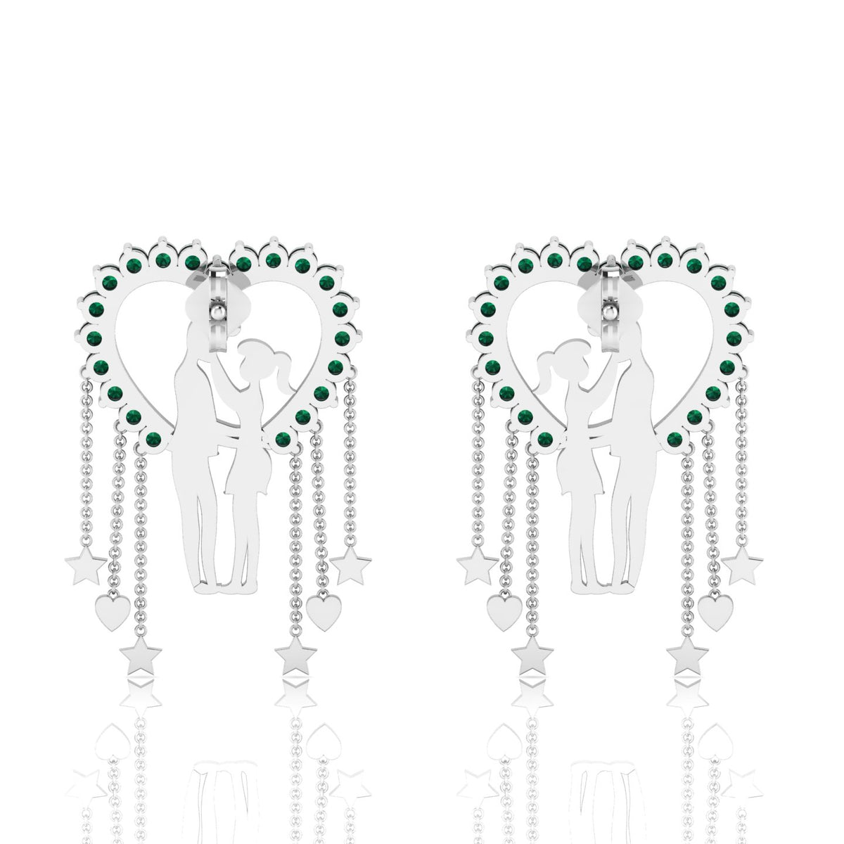 Sterling Silver Couple Heart Emerald Hanging Earrings