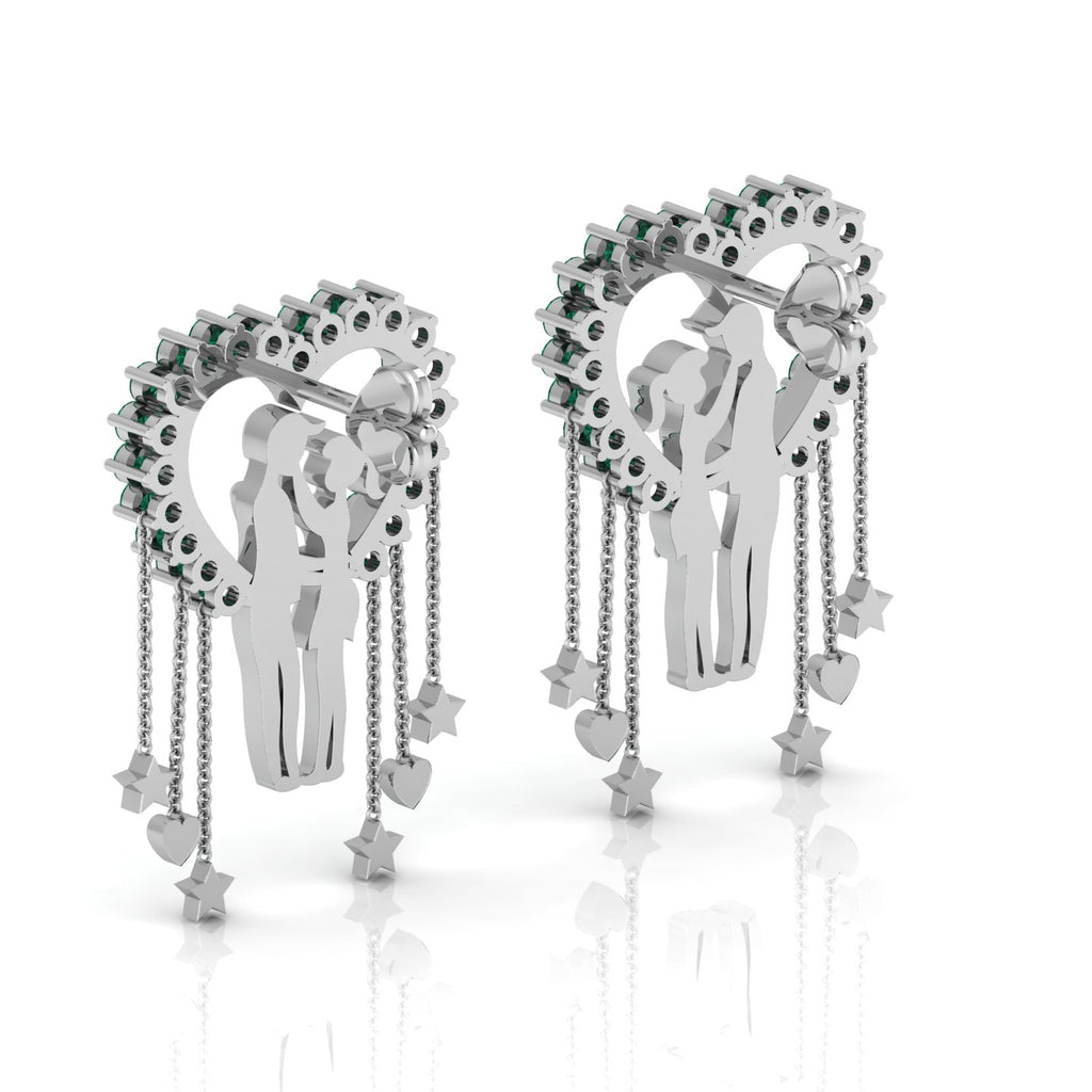 Sterling Silver Couple Heart Emerald Hanging Earrings