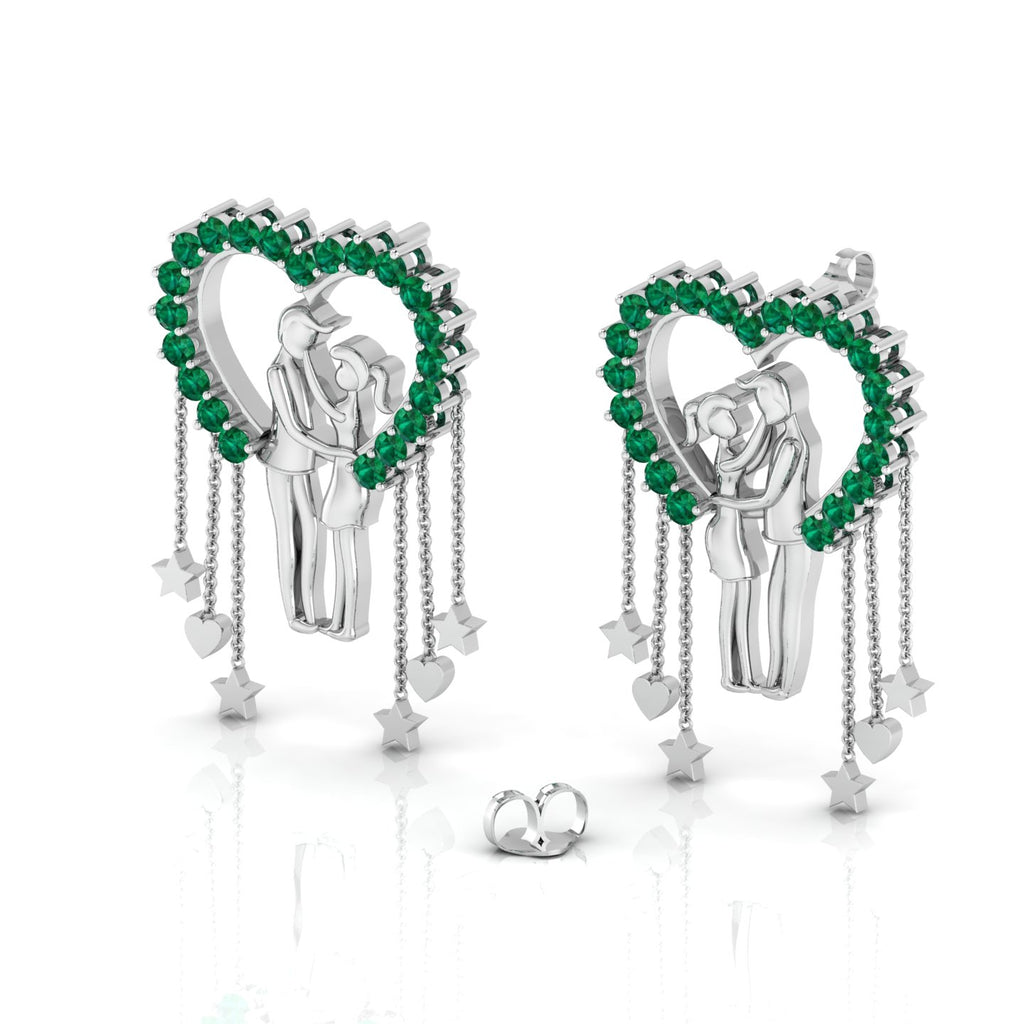 Sterling Silver Couple Heart Emerald Hanging Earrings