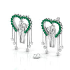 Sterling Silver Couple Heart Emerald Hanging Earrings