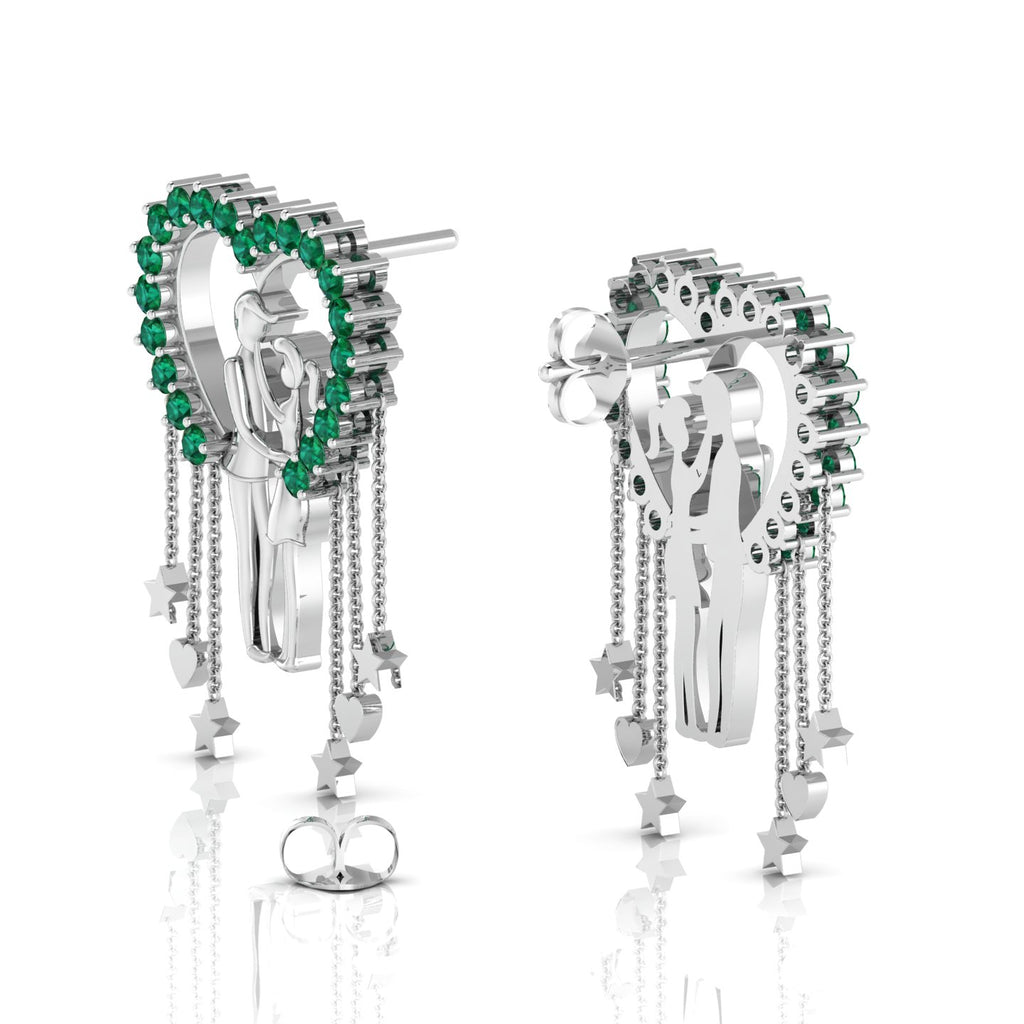 Sterling Silver Couple Heart Emerald Hanging Earrings