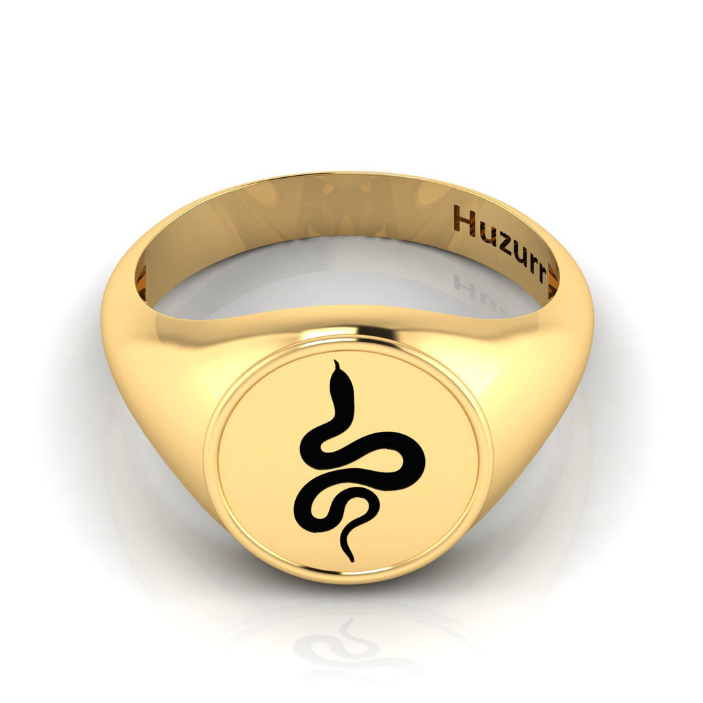 Black Enamel Spiral Snake Engraved Gold Plated Classic Signet Ring