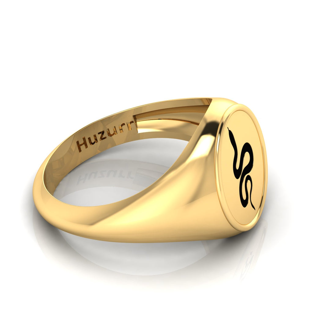 Black Enamel Spiral Snake Engraved Gold Plated Classic Signet Ring