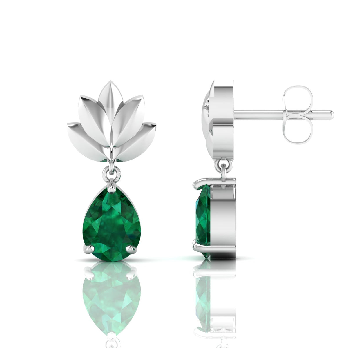 Sterling Silver Emerald Leaf Tear Drops Earrings