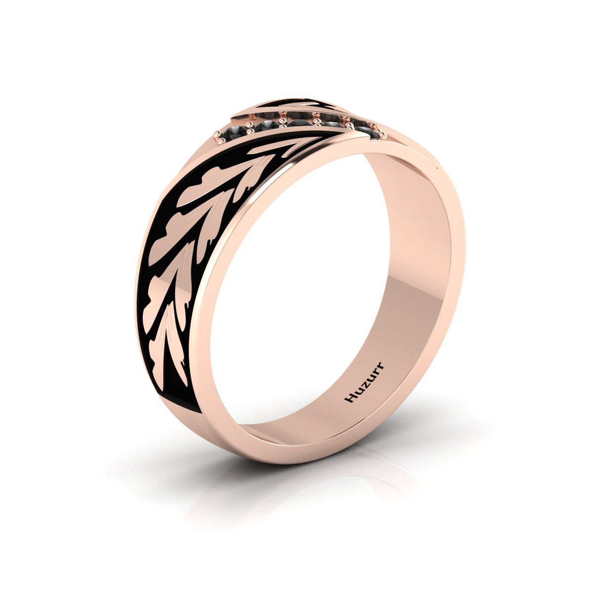 Black Diamond 5 Stone Rose Gold Plated Black Enamel Band Ring