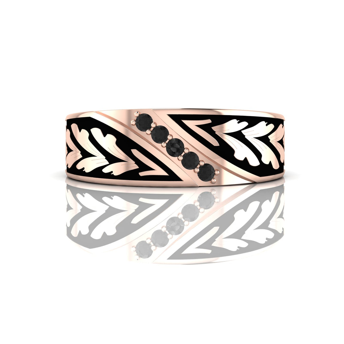 Black Diamond 5 Stone Rose Gold Plated Black Enamel Band Ring