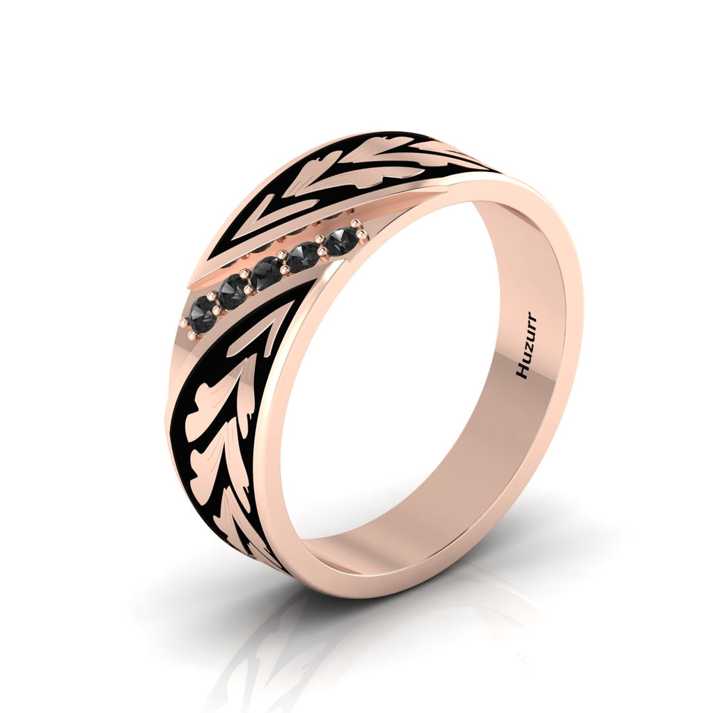 Black Diamond 5 Stone Rose Gold Plated Black Enamel Band Ring