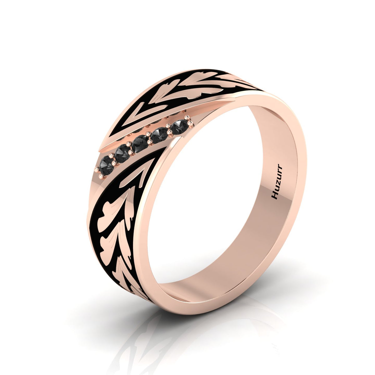 Black Diamond 5 Stone Rose Gold Plated Black Enamel Band Ring