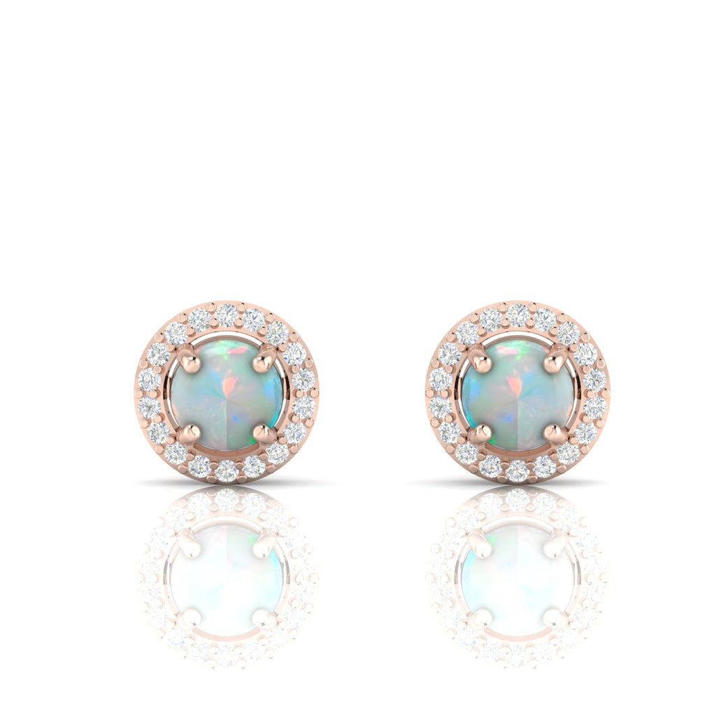Rose Gold Plated Round Halo Stud Opal & Diamond Earrings