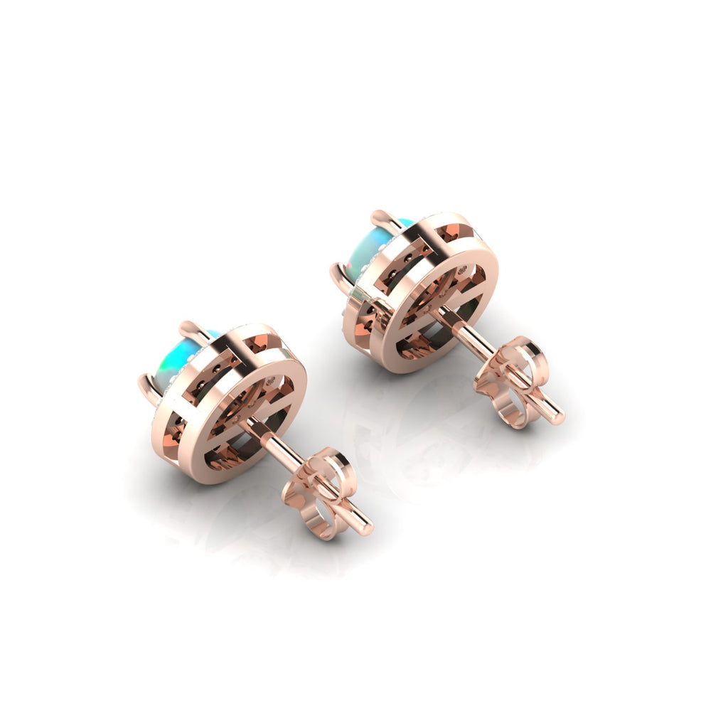 Rose Gold Plated Round Halo Stud Opal & Diamond Earrings
