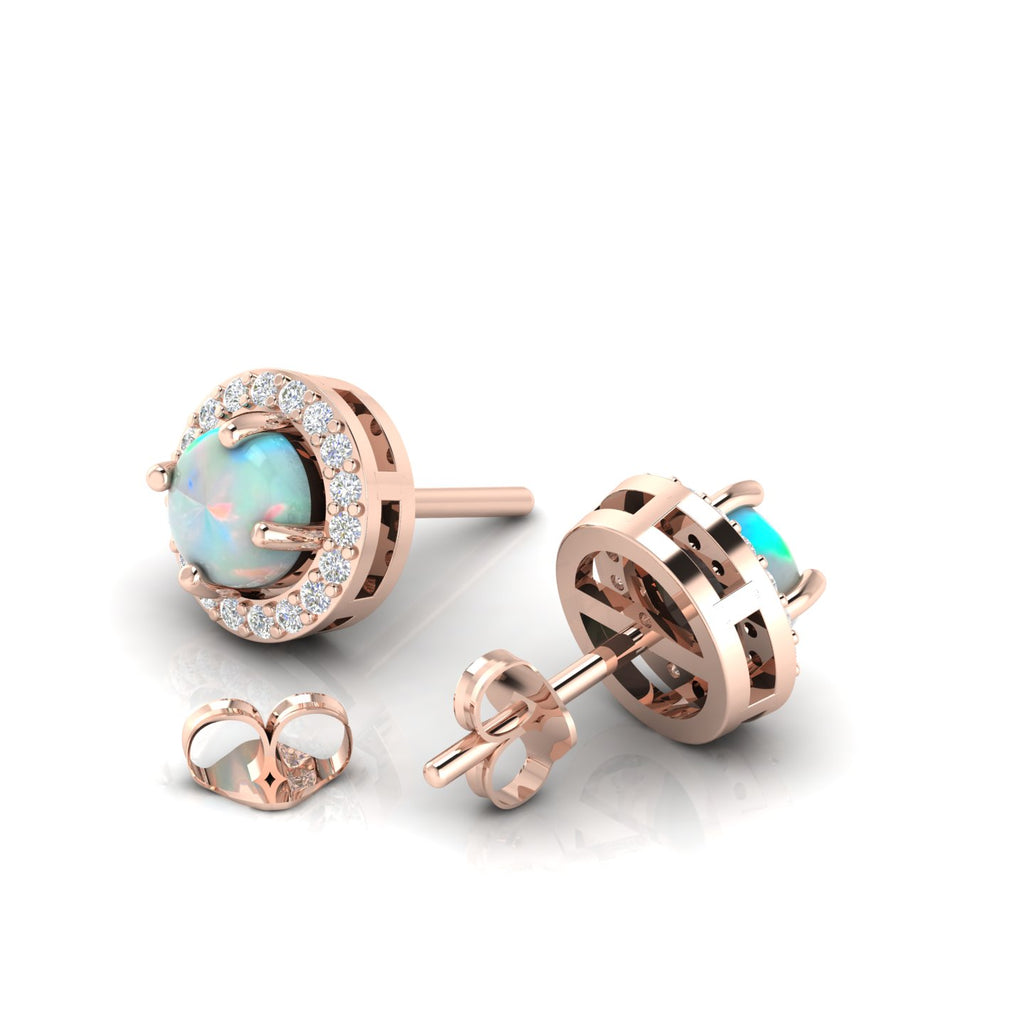 Rose Gold Plated Round Halo Stud Opal & Diamond Earrings