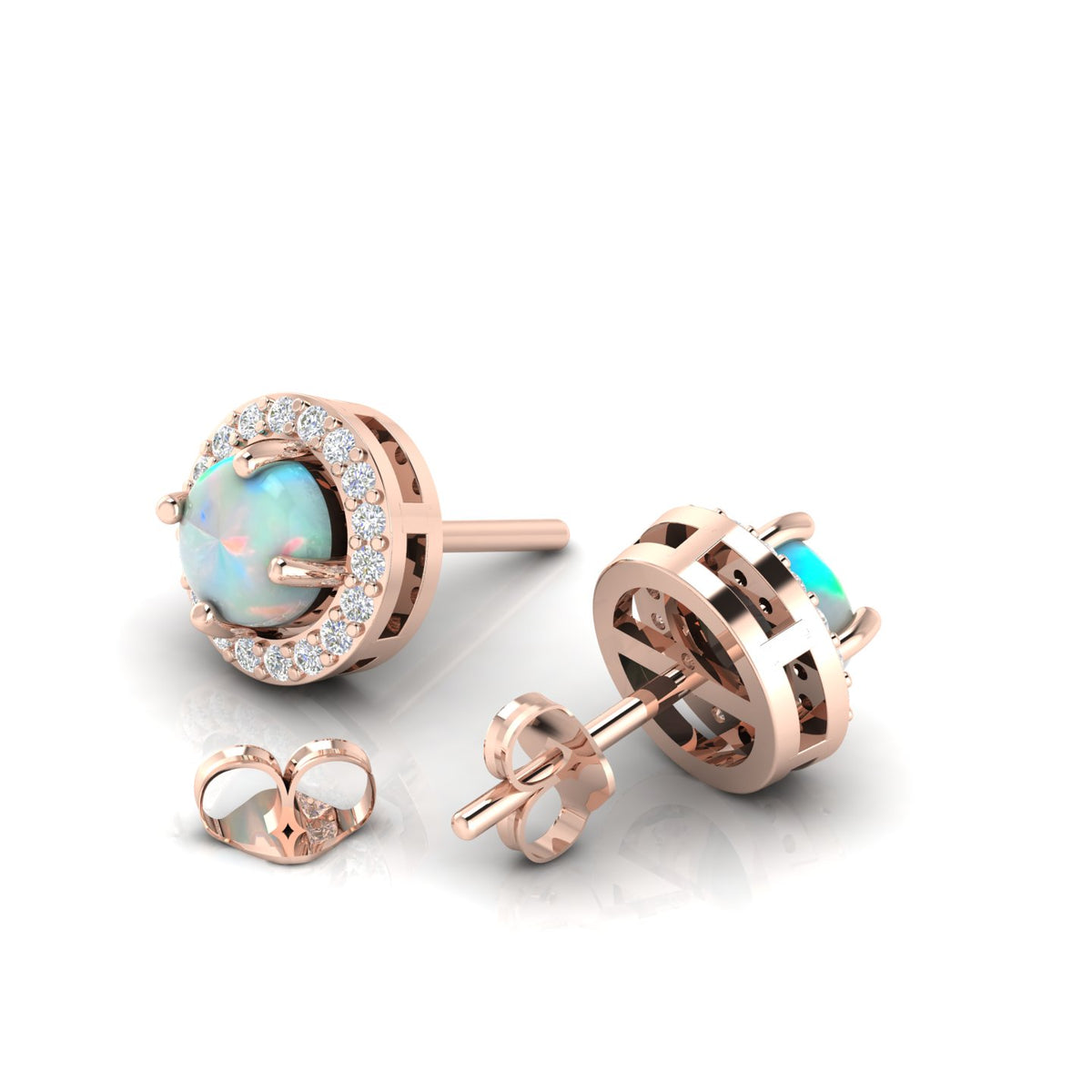 Rose Gold Plated Round Halo Stud Opal & Diamond Earrings
