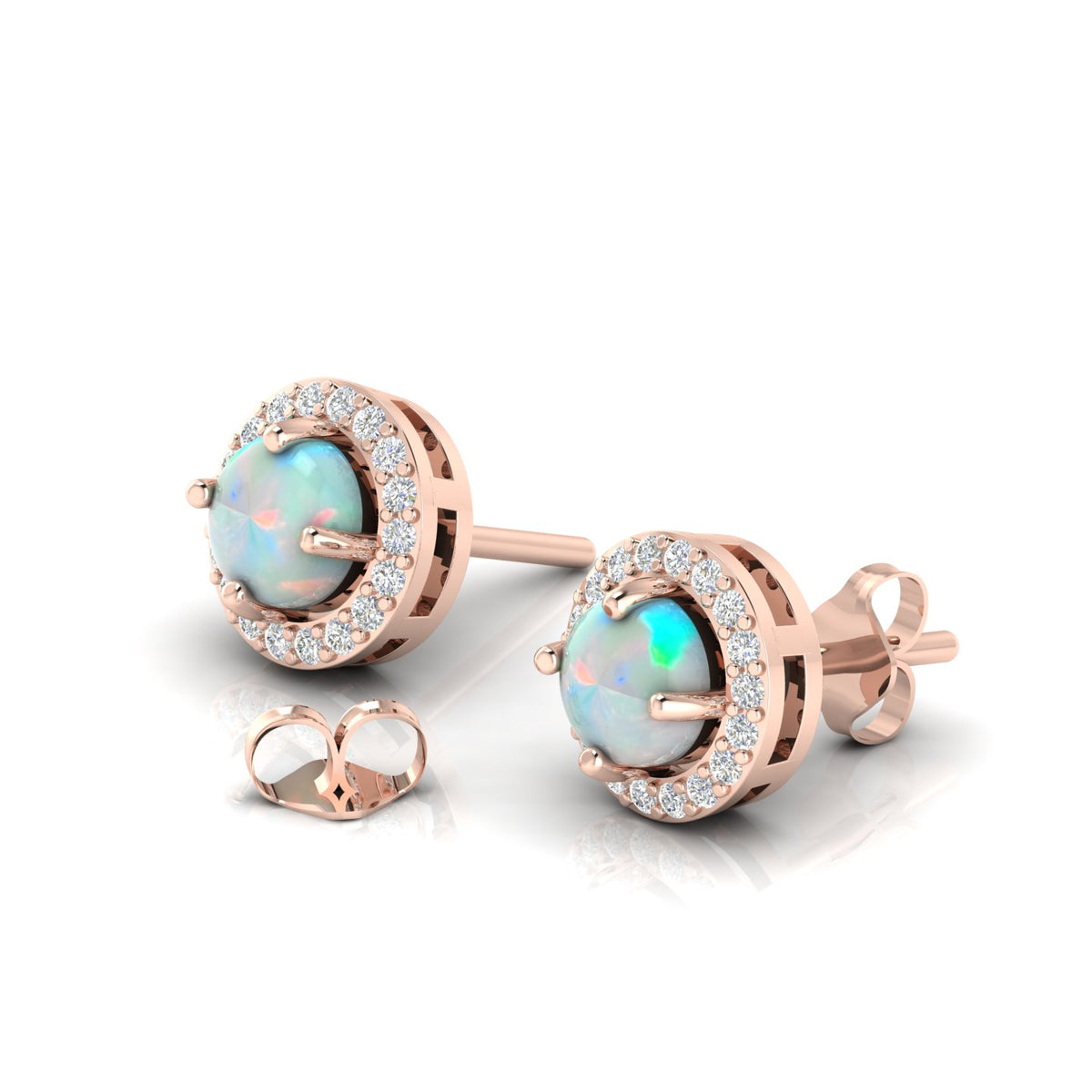 Rose Gold Plated Round Halo Stud Opal & Diamond Earrings