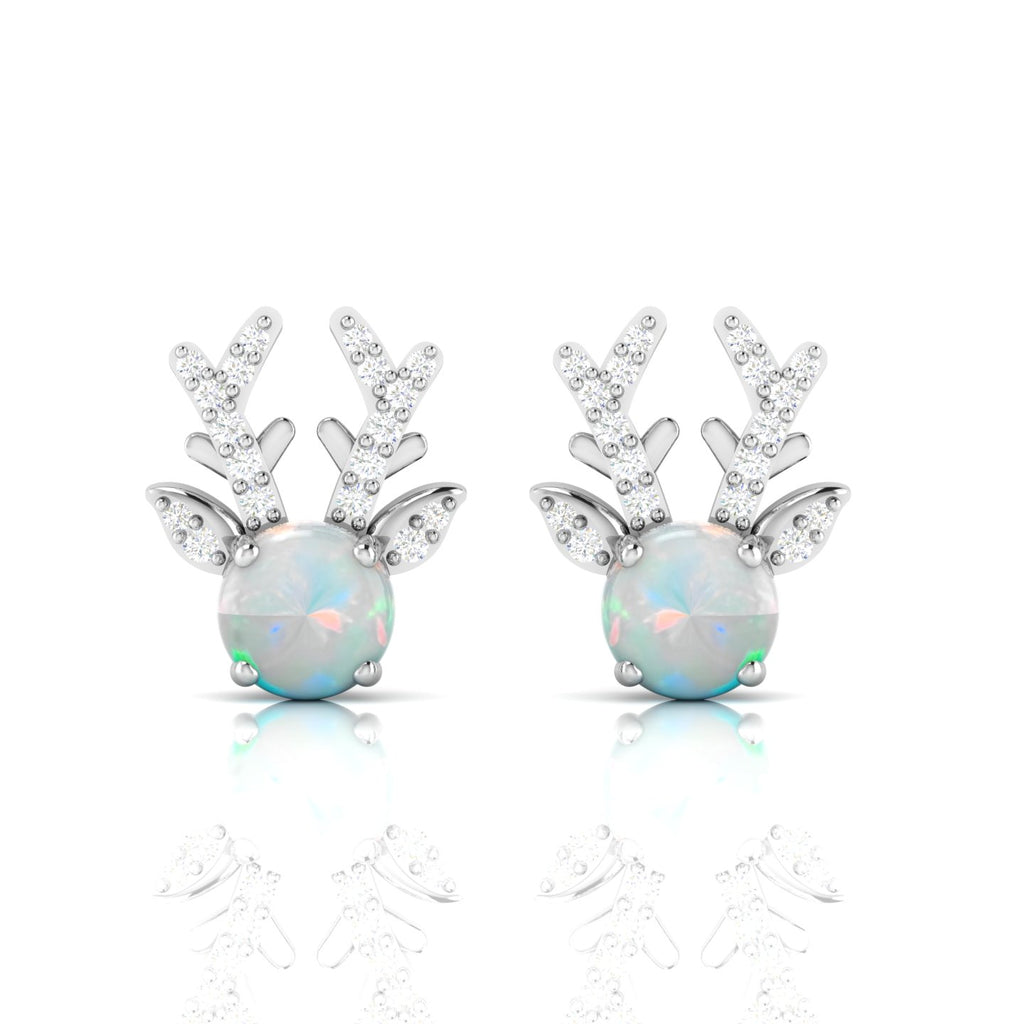 Round Opal Deer Antlers Sterling Silver Stud Earrings