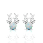 Round Opal Deer Antlers Sterling Silver Stud Earrings