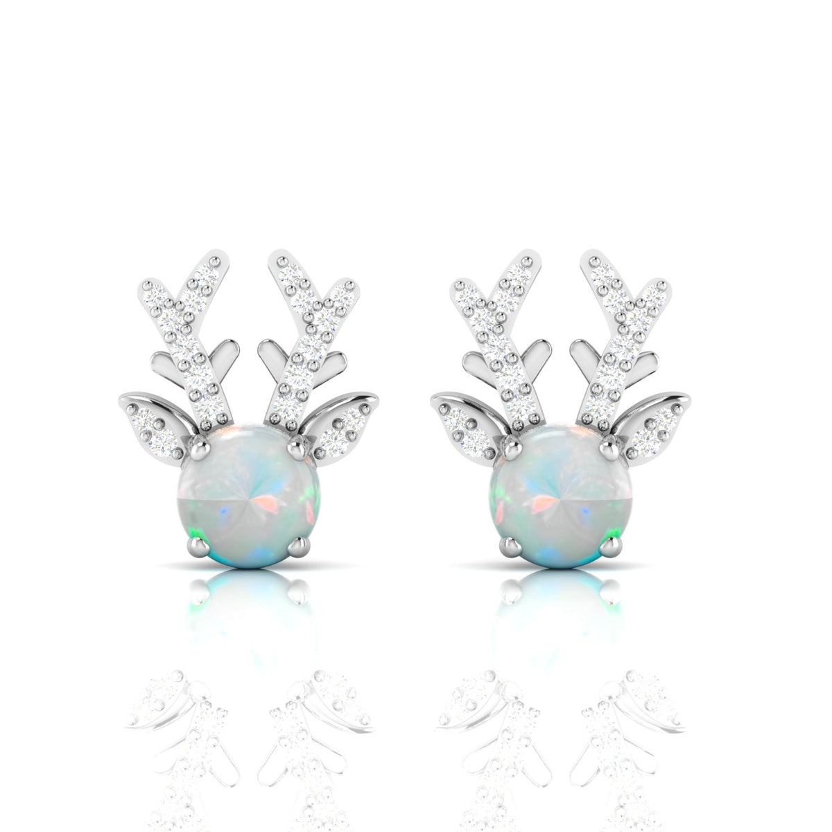 Round Opal Deer Antlers Sterling Silver Stud Earrings
