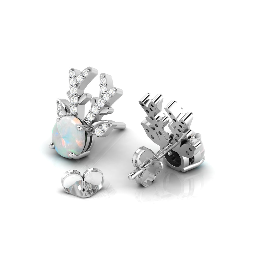 Round Opal Deer Antlers Sterling Silver Stud Earrings