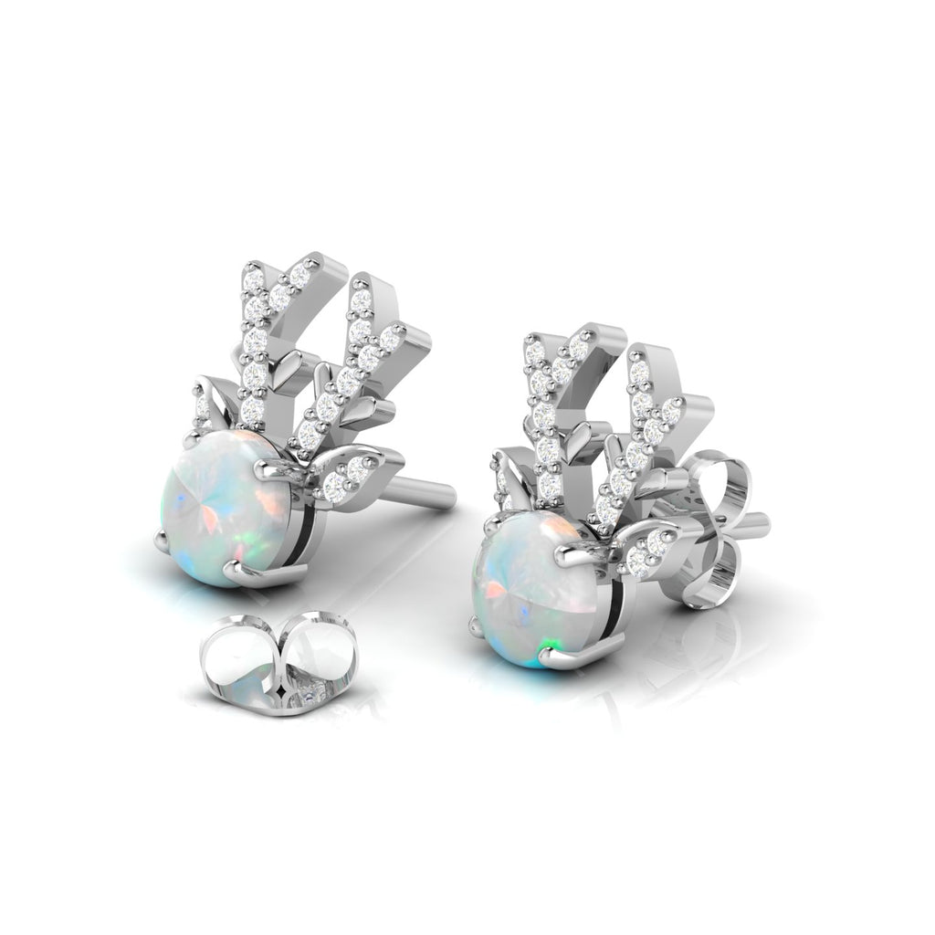 Round Opal Deer Antlers Sterling Silver Stud Earrings