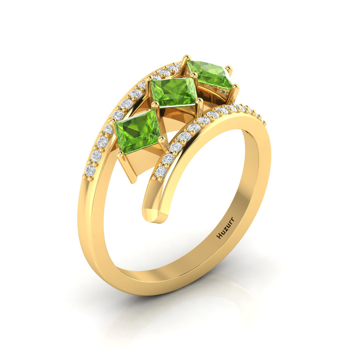Princess-Cut Peridot Gold Plated Three Stone Ring