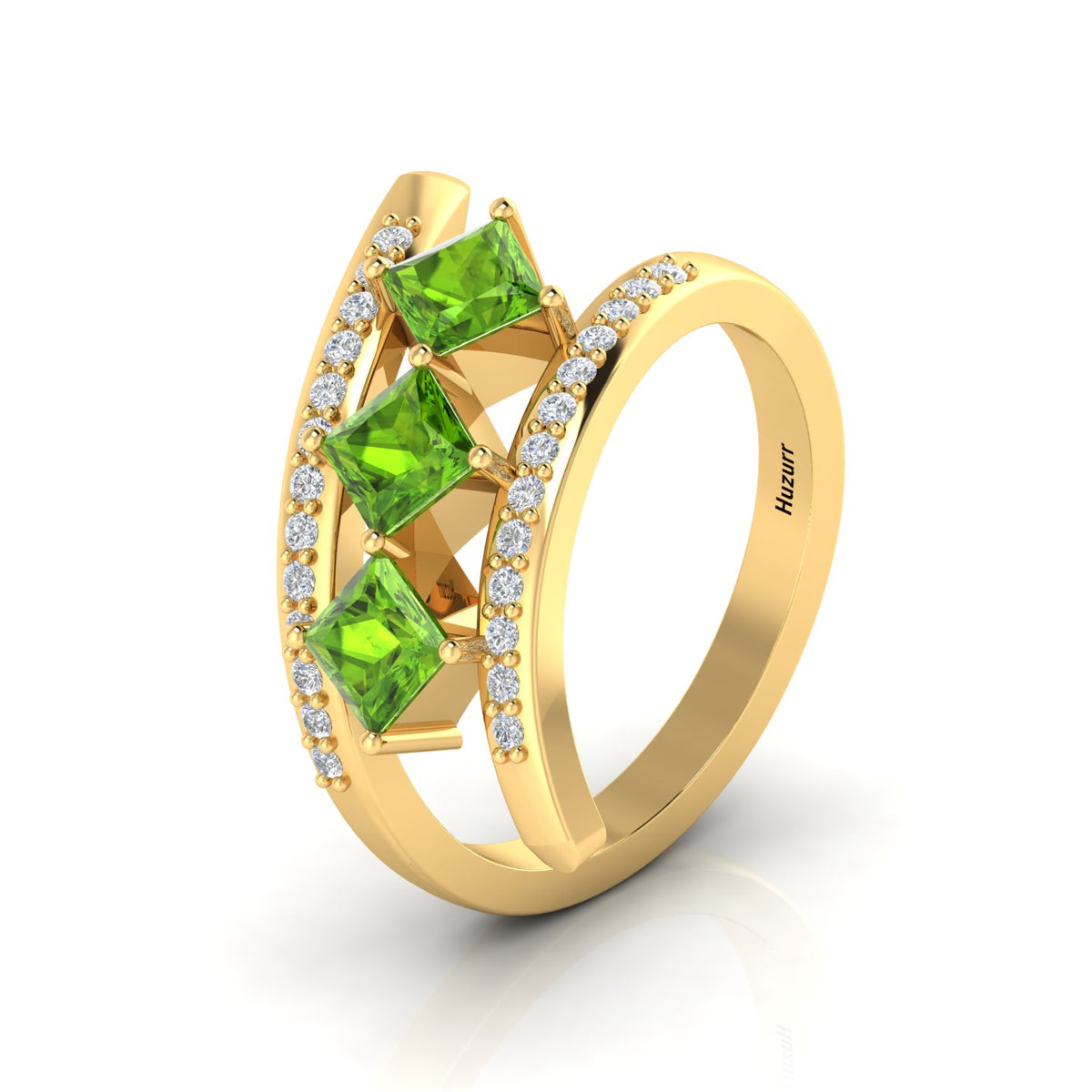 Princess-Cut Peridot Gold Plated Three Stone Ring