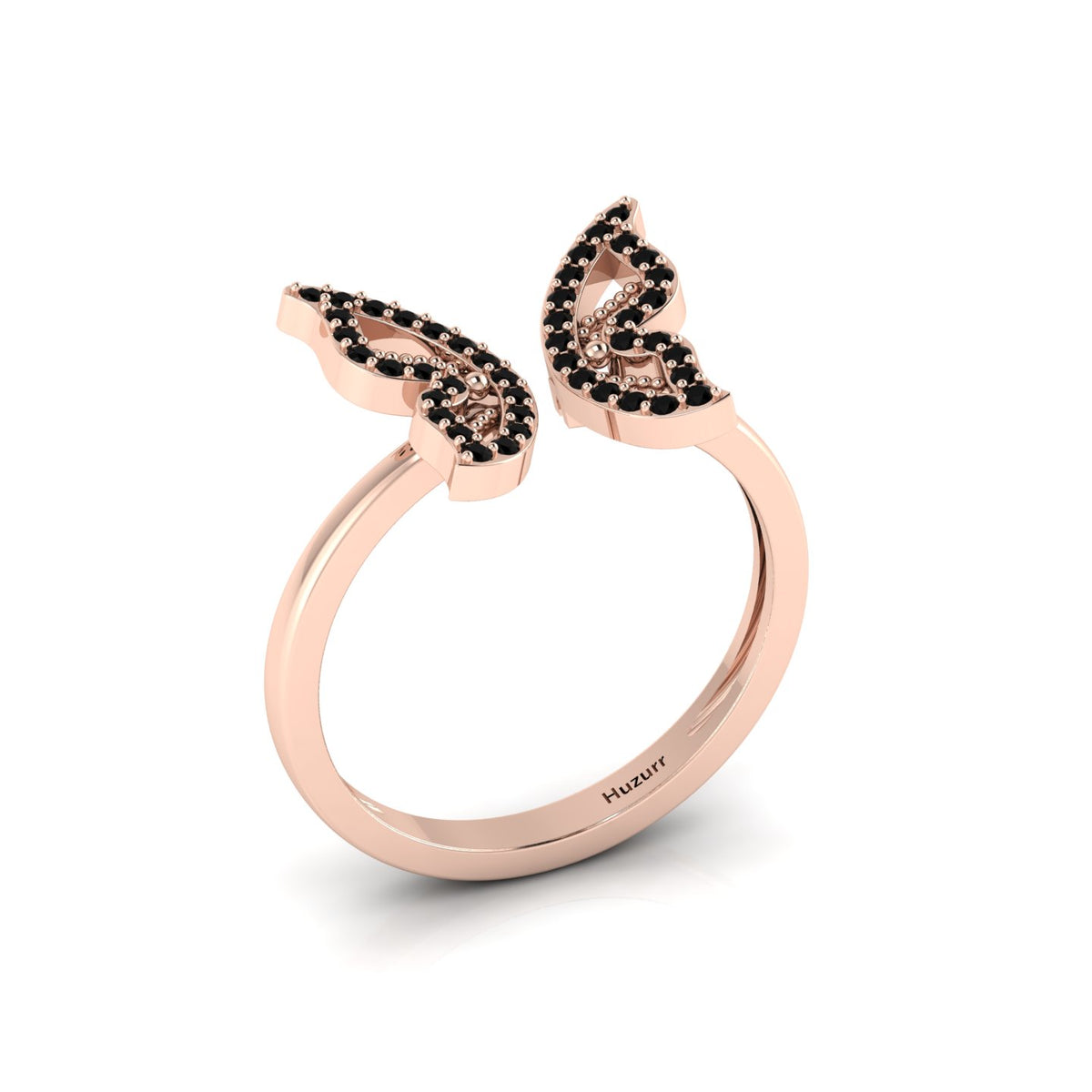 Round Black Diamond Rose Gold Plated Open Butterfly Adjustable Ring