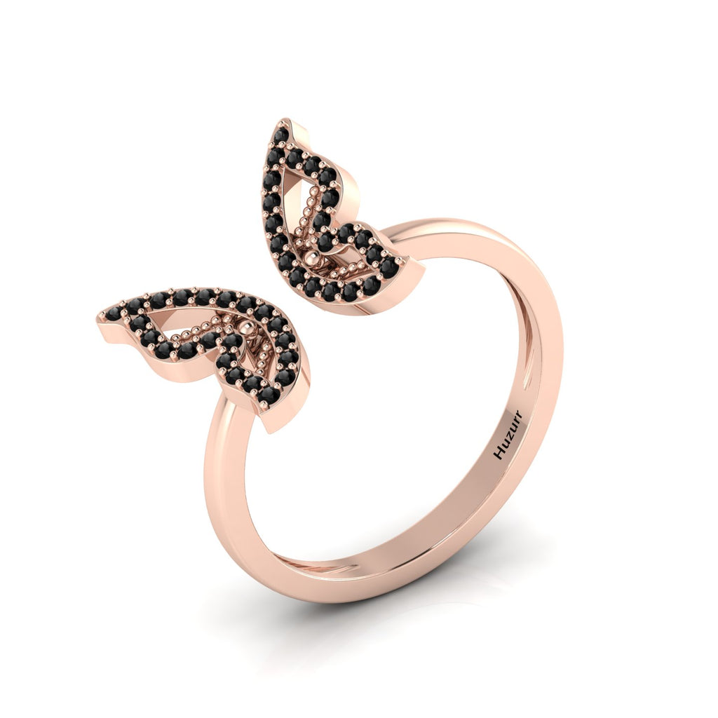 Round Black Diamond Rose Gold Plated Open Butterfly Adjustable Ring