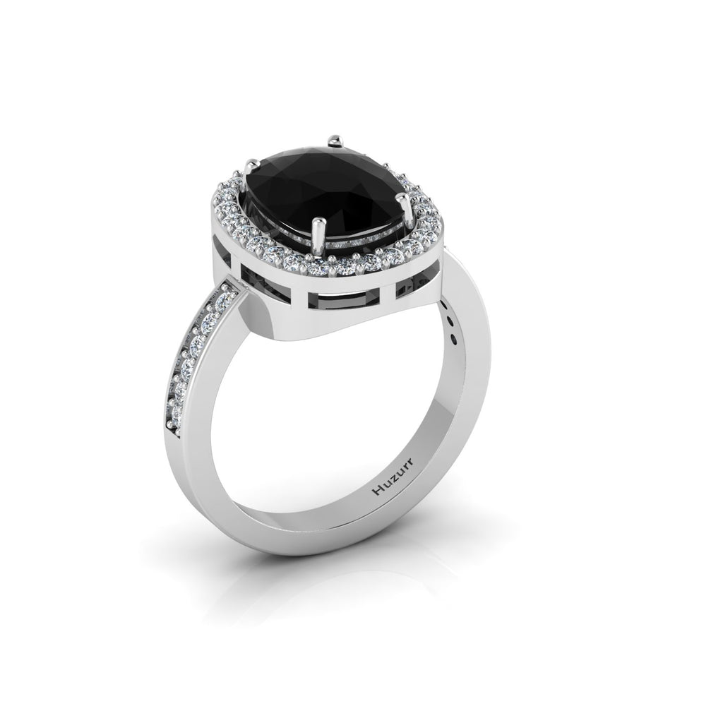 Cushion-Cut Black Diamond Silver Eternity Halo Ring