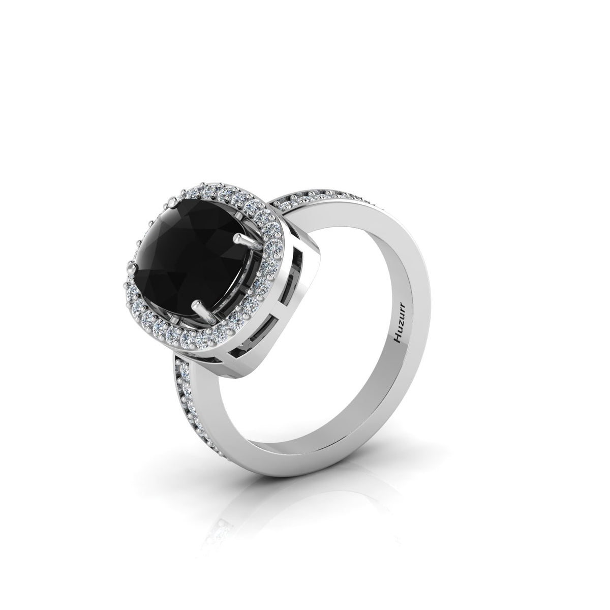 Cushion-Cut Black Diamond Silver Eternity Halo Ring