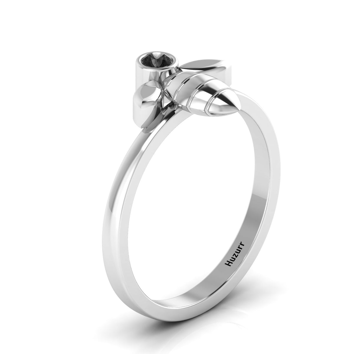 Round Black Diamond Sterling Silver Solitaire Honeybee Ring