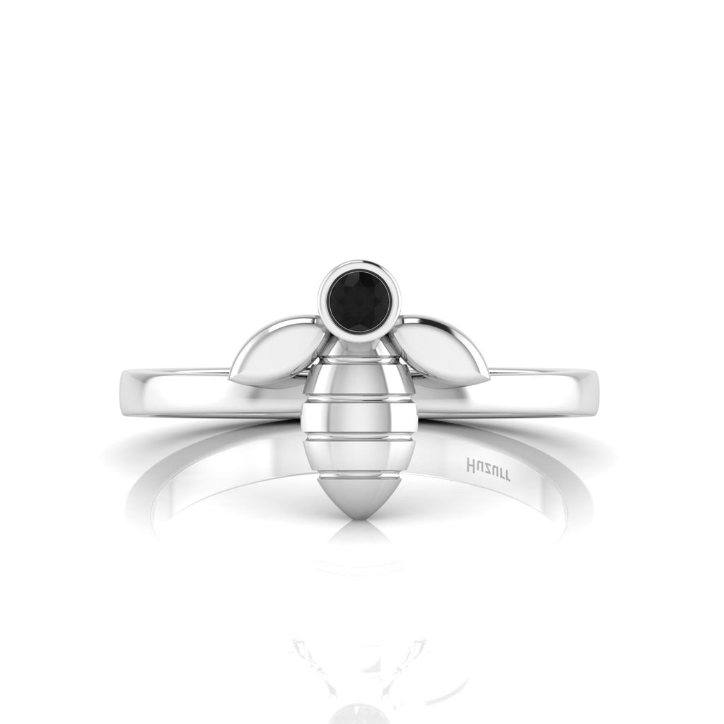 Round Black Diamond Sterling Silver Solitaire Honeybee Ring
