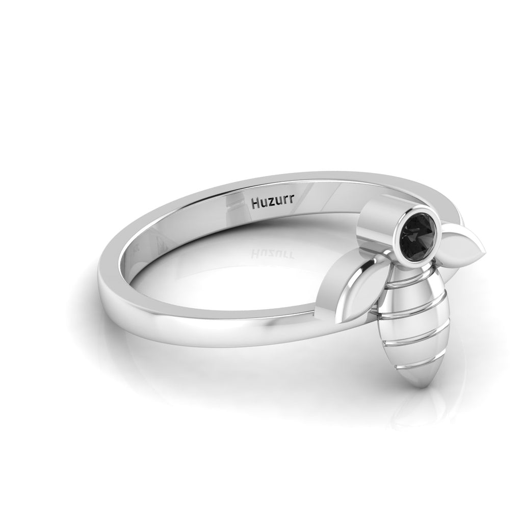Round Black Diamond Sterling Silver Solitaire Honeybee Ring