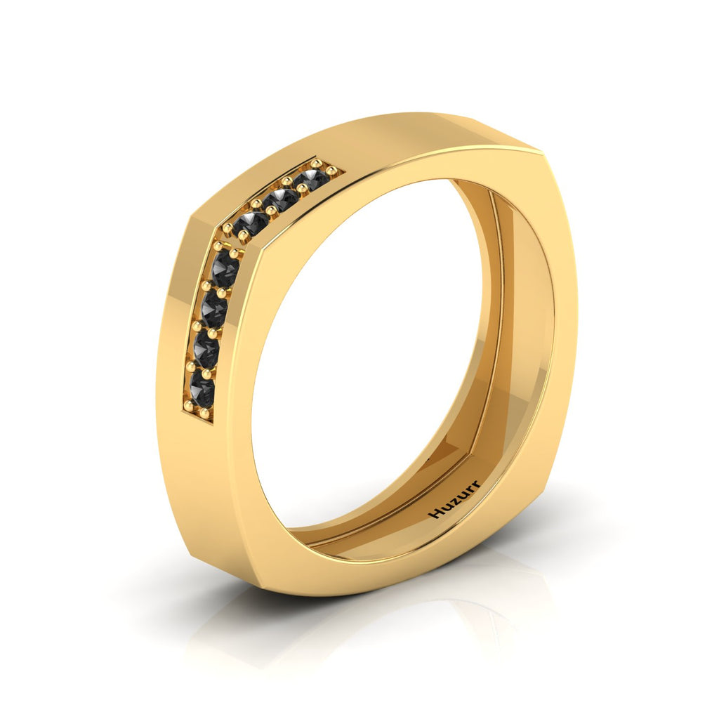 Round Black Diamond Gold Plated Square Band Ring