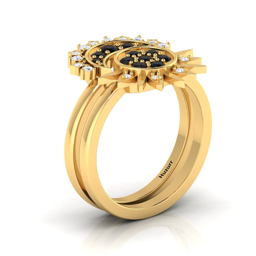 Black Diamond Gold Plated Sun & Moon Double Band Ring