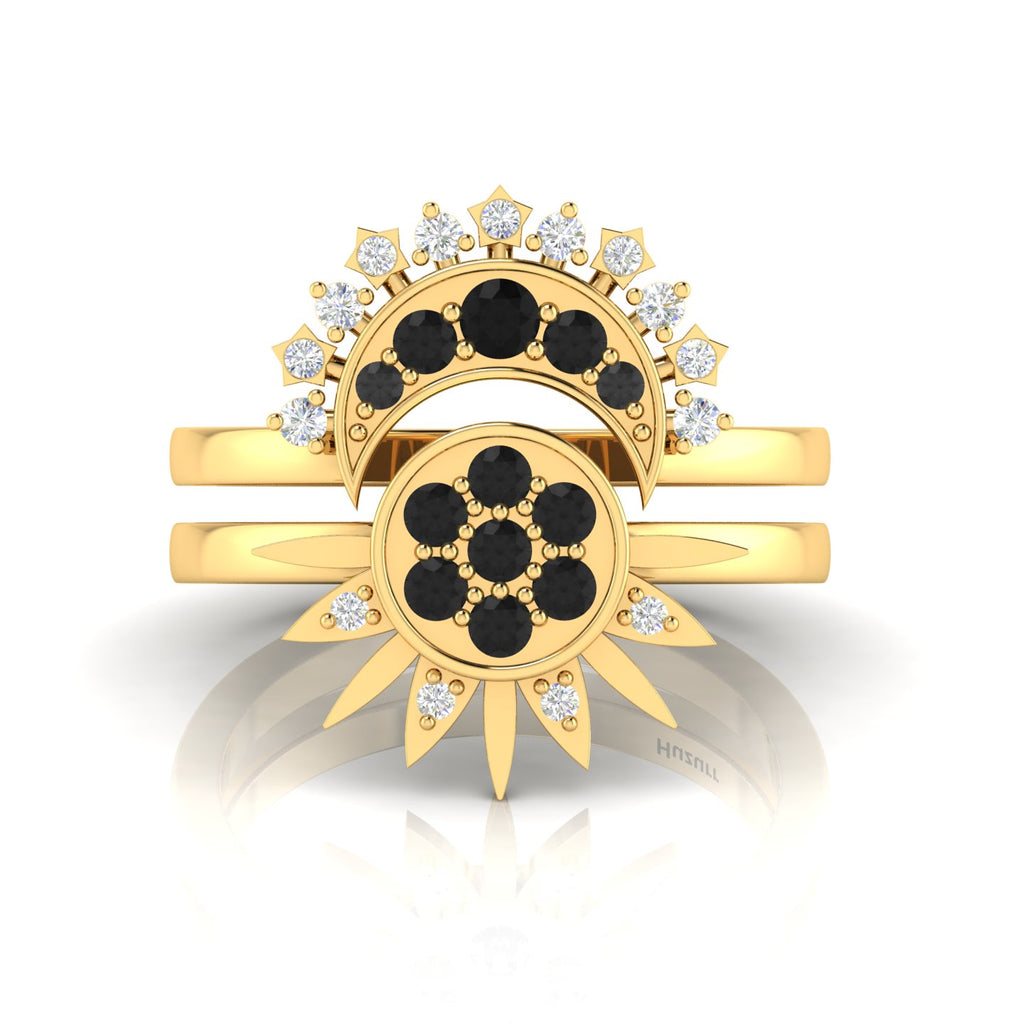 Black Diamond Gold Plated Sun & Moon Double Band Ring