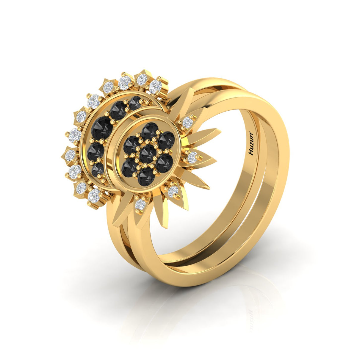 Black Diamond Gold Plated Sun & Moon Double Band Ring