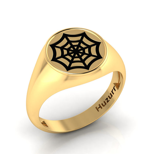 Black Enamel Spider Net Engraved Gold Plated Classic Signet Ring