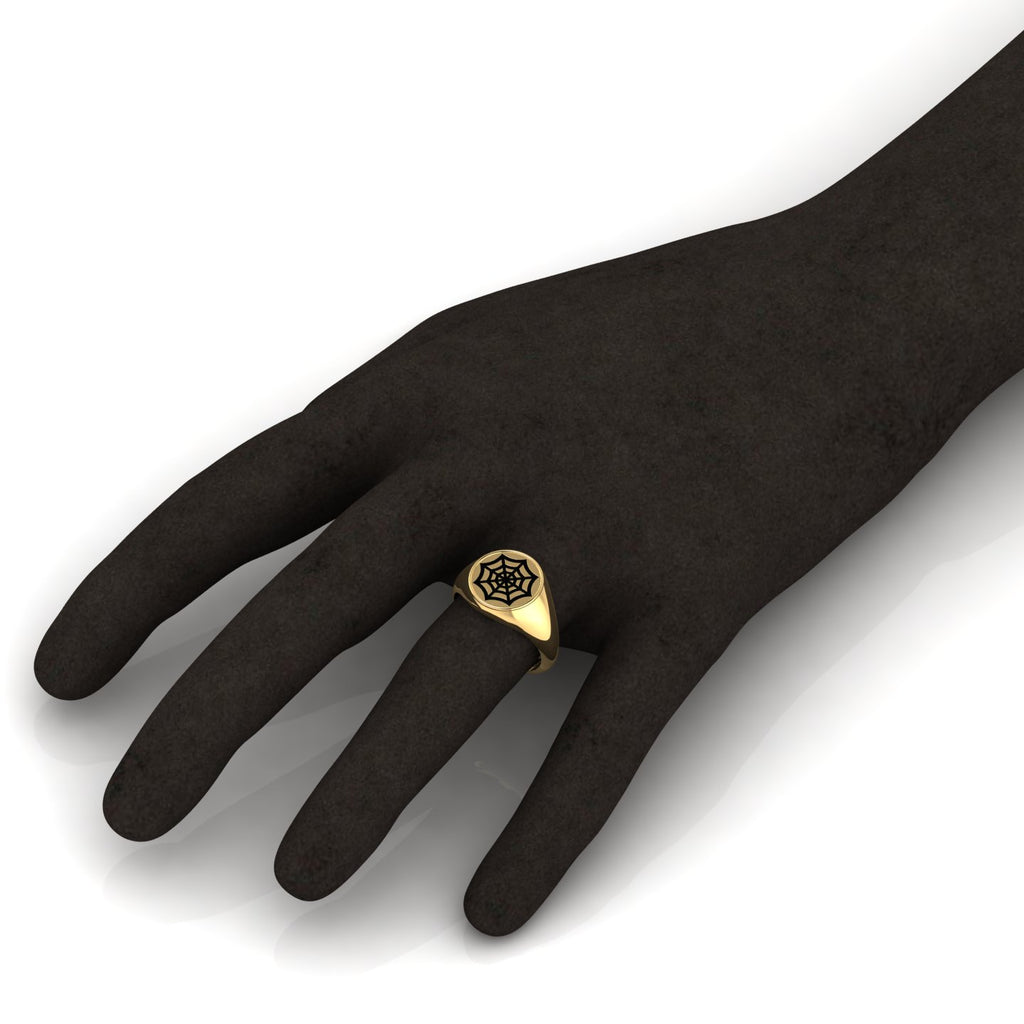 Black Enamel Spider Net Engraved Gold Plated Classic Signet Ring
