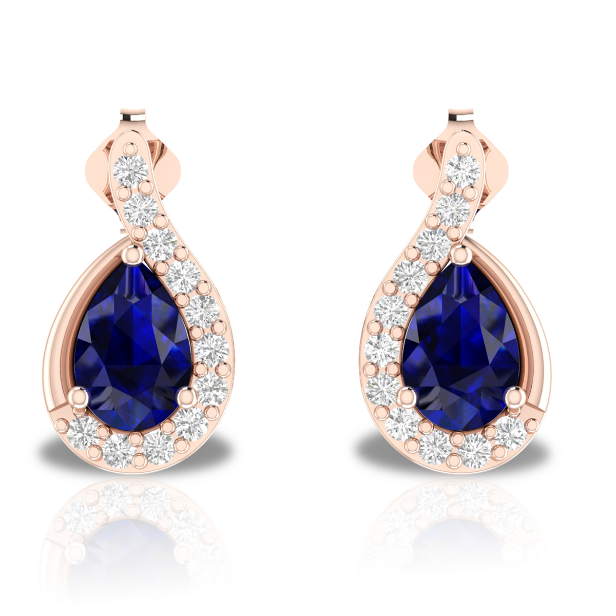 Pear Blue Sapphire Swirl Frame Rose Gold Plated Earrings