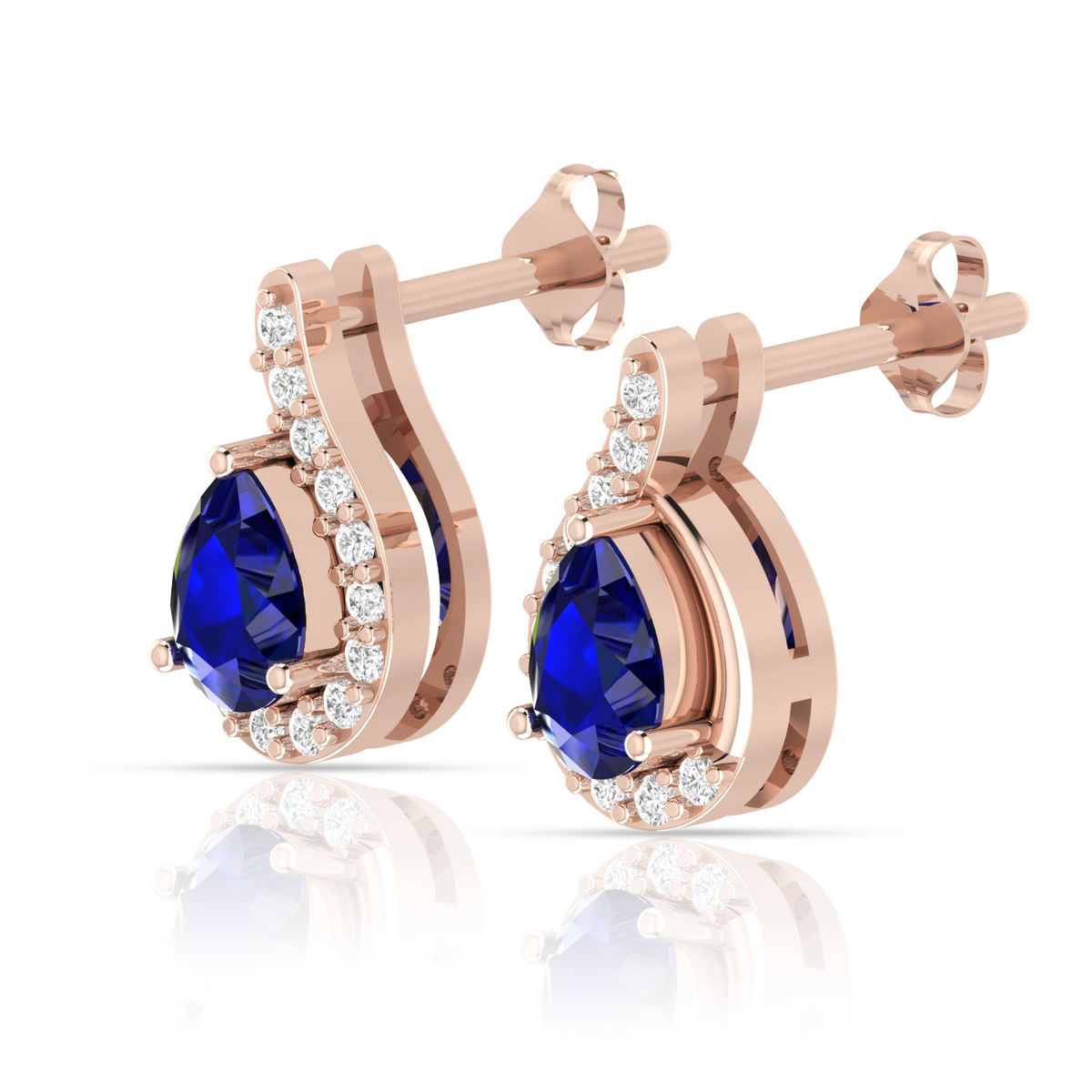 Pear Blue Sapphire Swirl Frame Rose Gold Plated Earrings