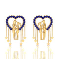 Blue Sapphire Couple Heart Gold Plated Hanging Earrings
