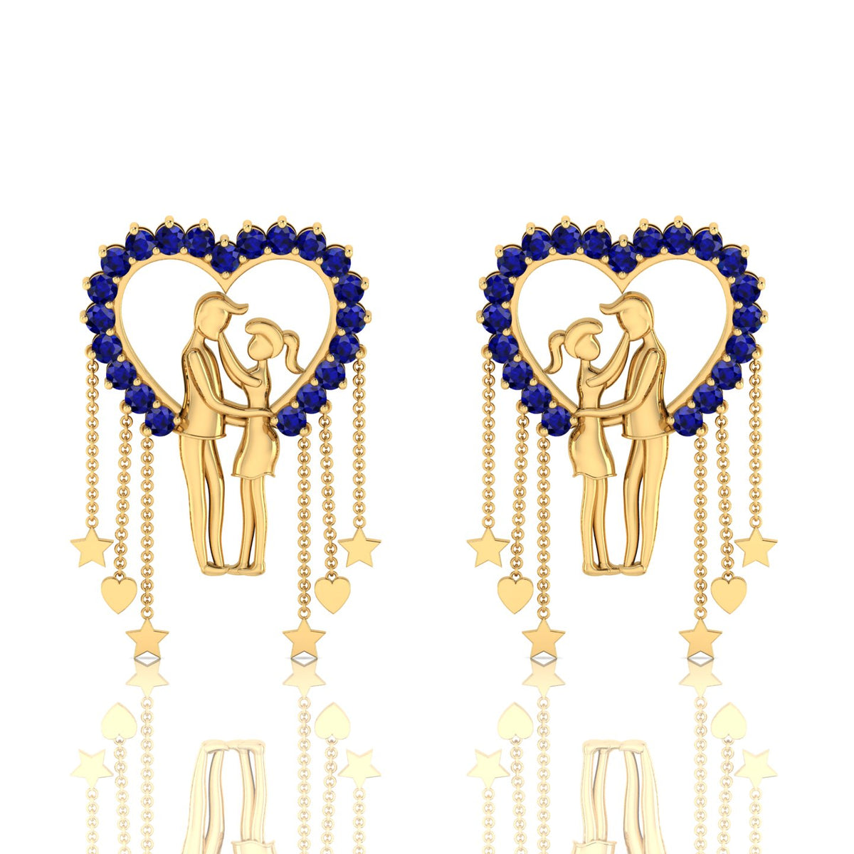 Blue Sapphire Couple Heart Gold Plated Hanging Earrings