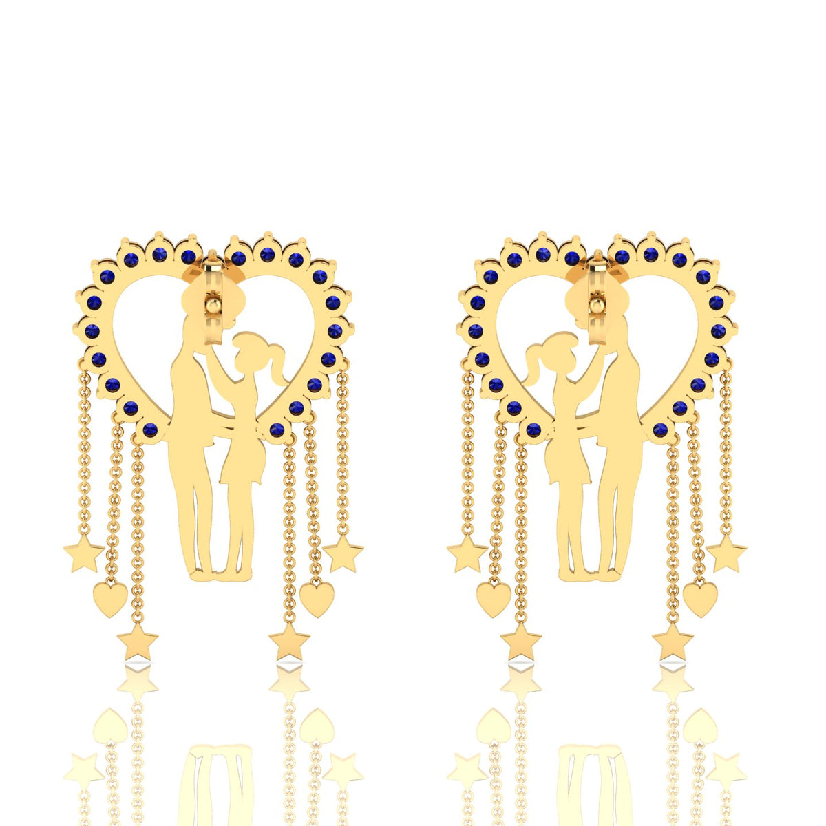 Blue Sapphire Couple Heart Gold Plated Hanging Earrings