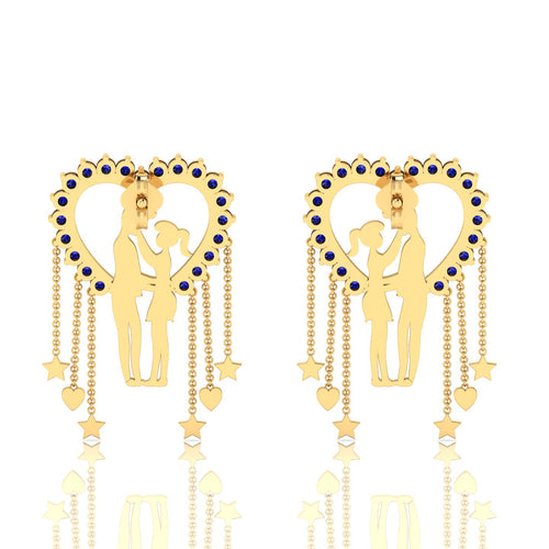 Blue Sapphire Couple Heart Gold Plated Hanging Earrings